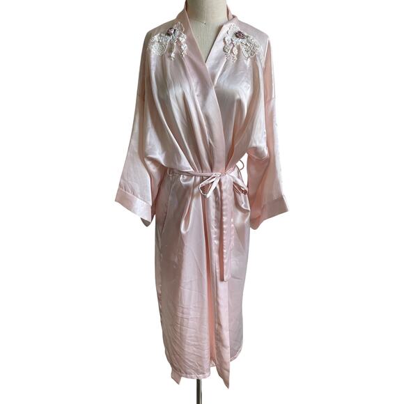 Vintage Intimate Concepts by Terry Russo Pink Floral Lace Applique Satin Robe - Picture 2 of 12